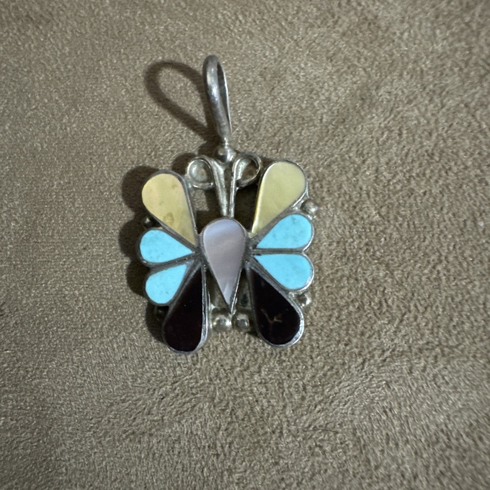 Zuni Signed Sterling Silver Vintage Butterfly Pendant Turquoise Mop Onyx Native